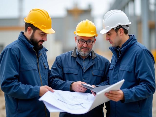 Команда ТОО 'КазПромСтрой' на фоне строительного объекта, обсуждающая план.